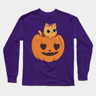 orange pumpkin cat heart halloween coquette dollette Long Sleeve T-Shirt